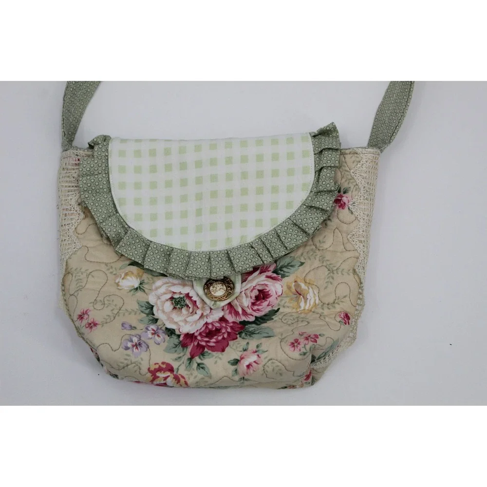 Vintage Handmade Quilted Floral Crossbody Bag Cottagecore Lace Ruffle Gingham